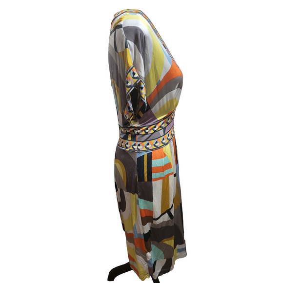 BCBGMAXAZRIA V Neck Geometric Multicolor Short Sleeve Dress, Sz M - Picture 4 of 8